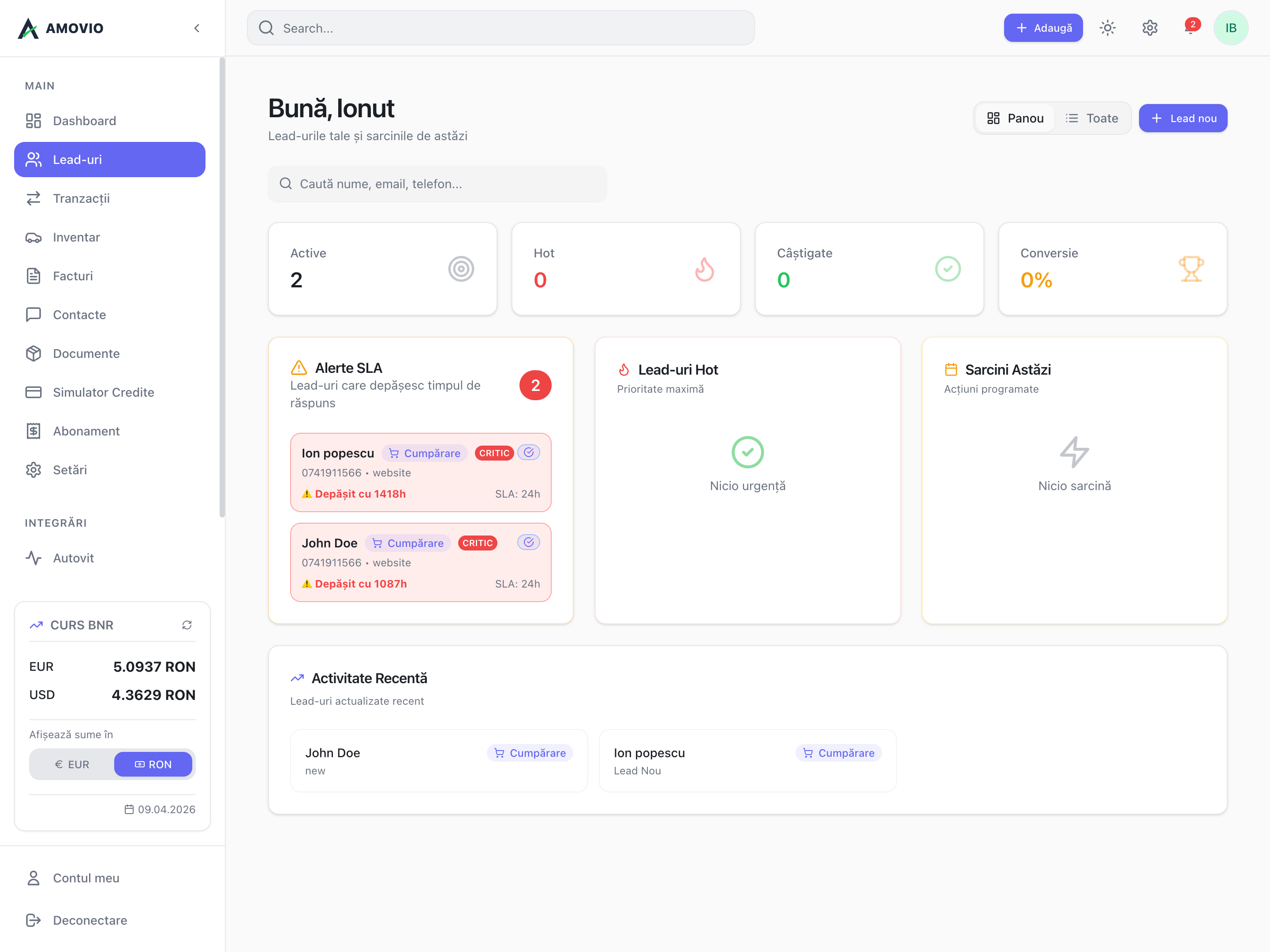 Amovio CRM - Lead-uri, Alerte SLA și Activitate Recentă